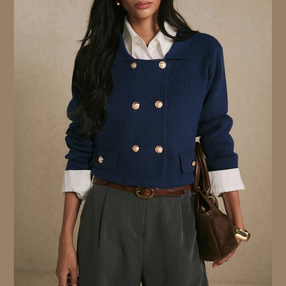 Navy Micro Ribbed Knit Double Breasted Gold Button Crop Cardigan